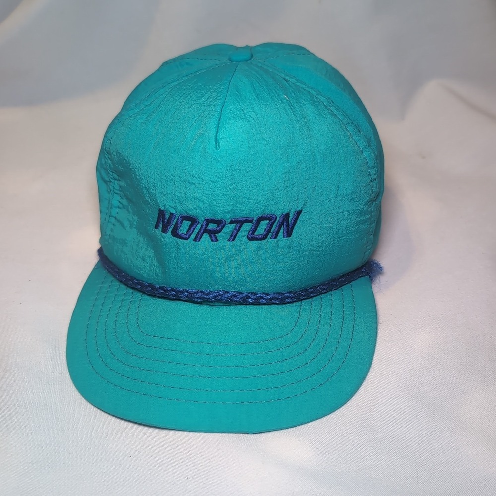 Vintage Norton Motorcycle Snap Back Hat Cap Rope Bill Made In USA Teal/Blue